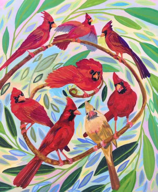 Eight Cardinals, on exhibit at Dougherty Art Museum